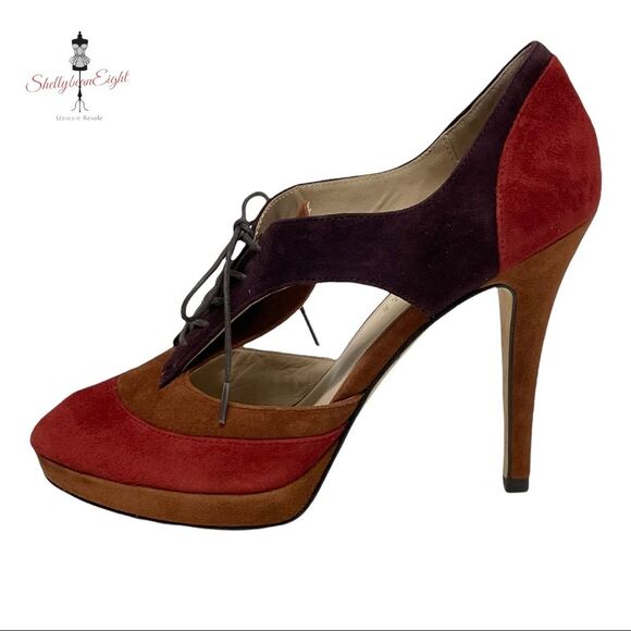 BARNEYS New York Suede Leather Colorblock Lace Up Peep Toe Heels Pumps 8.5 - Picture 5 of 16